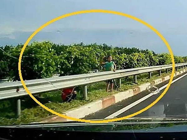 Ba bé trai đứng ngay sát dải phân cách, ném đá vào ô tô trên cao tốc