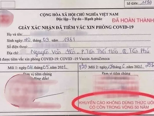 Thực hư 'Khuyến cáo không dùng thức uống có cồn trong vòng 50 năm' sau tiêm vắc-xin Covid-19