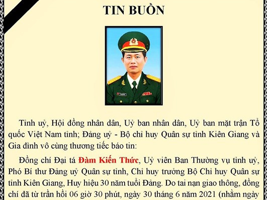 Chỉ huy trưởng Bộ Chỉ huy Quân sự tỉnh Kiên Giang qua đời do tai nạn giao thông