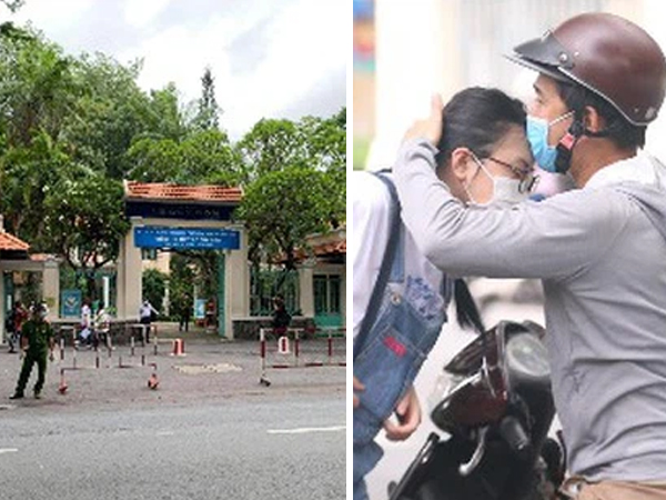 Chùm ảnh: Cổng trường vắng hoe, an ninh được tăng cường tại điểm thi có thí sinh dương tính với COVID-19