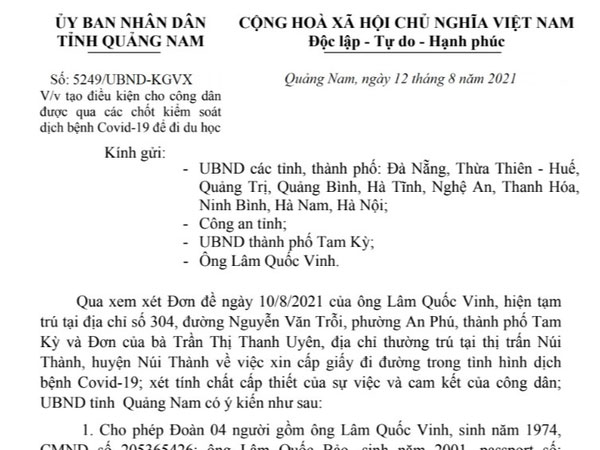 Quảng Nam thông tin về văn bản cho Bí thư Tam Kỳ chở con ra Hà Nội sang Mỹ du học