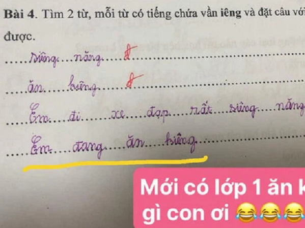 Bài tập Tiếng Việt lớp 1 đặt câu có vần 'iêng', cô giáo đọc xong hạn hán lời, chịu thua với độ điệu của học trò