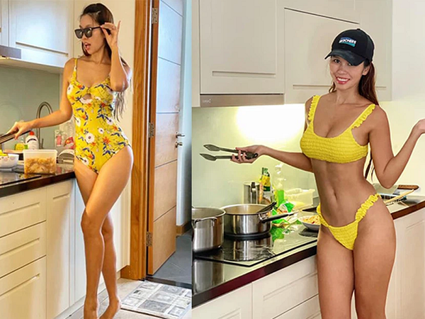 Hà Anh diện bikini đứng bếp nấu ăn