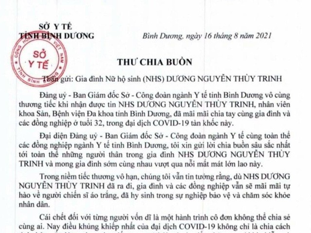 Thư chia buồn đẫm nước mắt của Giám đốc Sở Y tế Bình Dương gửi gia đình nữ hộ sinh mất vì Covid-19
