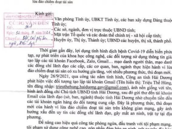 Mạo danh Chủ tịch tỉnh Hải Dương nhờ lãnh đạo các sở, ngành gửi tiền vào tài khoản