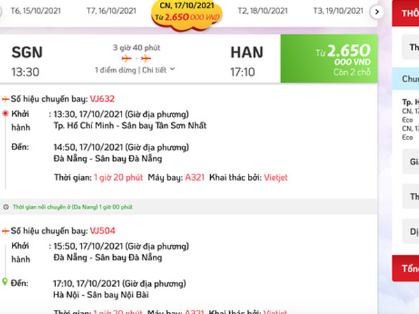 Chuyến bay TP HCM - Hà Nội hết vé đến 19/10, giá vé lên đến 7,6 triệu đồng