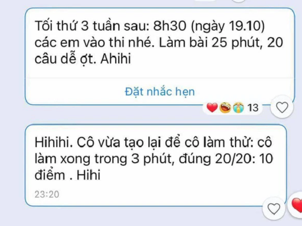 Cô giáo thông báo lịch thi online vào buổi tối, tiện tay gửi kèm 1 dòng tin nhắn làm tụi học trò tức anh ách