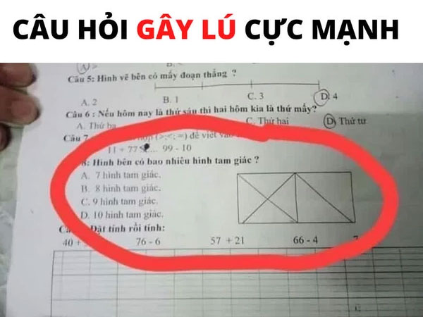 Câu hỏi đếm số hình tam giác dành cho học sinh lớp 1, có đến 90% dân mạng phải 'bó tay' chỉ vì không nhìn ra một điểm