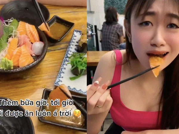 Vừa đưa miếng sashimi lên miệng, cô gái 'mặt tái mét' vội vã nhả ra: Lý do được tiết lộ phía sau khiến dân tình cười xỉu