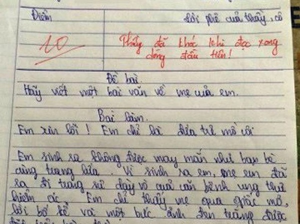 Bài văn của học trò lớp 6 được chấm điểm 10, thầy giáo bật khóc khi đọc dòng đầu tiên