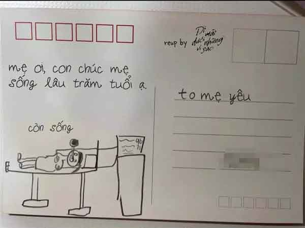 Hy vọng mẹ sống lâu trăm tuổi, con trai viết thiệp vẽ kèm bức tranh khiến mẹ 'khóc thét'