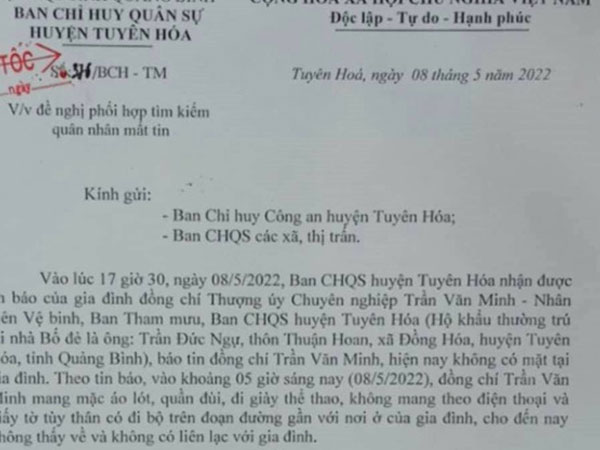 Một quân nhân bỗng nhiên mất tích, huy động hàng trăm người đi tìm