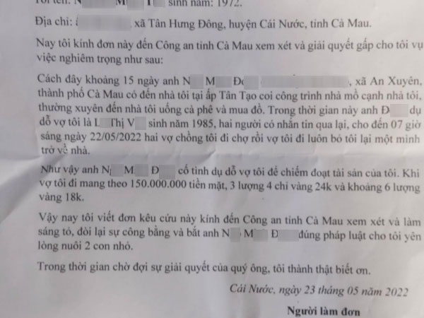 Người đàn ông 'cầu cứu' vì vợ mang nhiều tiền, vàng 'theo nhân tình'