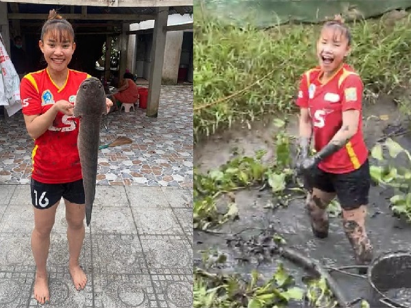 Hình ảnh nhà vô địch SEA Games 31 - Chương Thị Kiều lội bùn, bắt cá ở quê gây sốt dân mạng