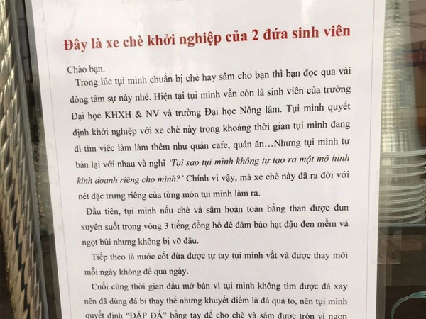 Lời giới thiệu 'xe chè khởi nghiệp' của 2 bạn sinh viên quá đỗi thật thà khiến dân mạng thích thú vô cùng