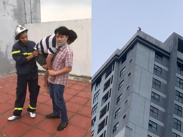 Giải cứu người đàn ông ngồi trên nóc tòa chung cư, liên tục la hét, nghi định tự tử
