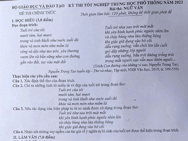 Đề thi và gợi ý đáp án môn Ngữ văn kỳ thi tốt nghiệp THPT 2022