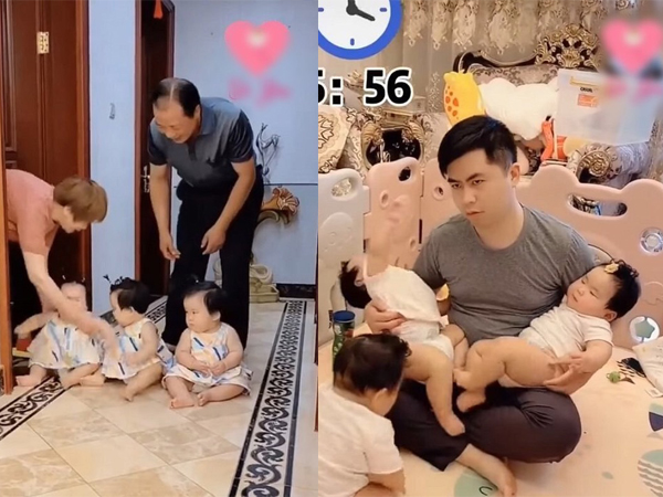Nghịch ngợm bị ông bà nội 'trả lại nơi sản xuất', ông bố chật vật chăm sóc 3 cô công chúa khiến dân tình cười bò: 'Mát tay gớm đấy chứ!'