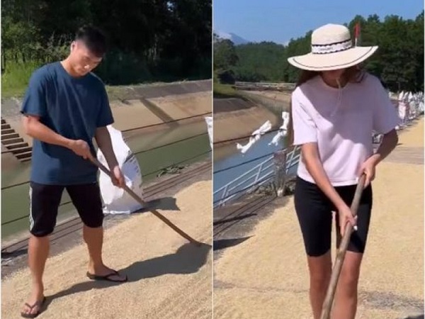 Vợ mẫu Tây của Bùi Tiến Dũng về quê cào thóc giúp bố mẹ chồng