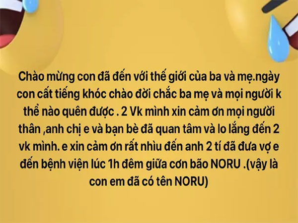 Vợ chuyển dạ trong đêm bão, chồng đặt luôn tên con là Noru
