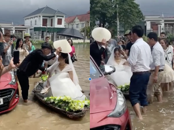 Đám cưới ngày mưa lũ, chú rể Nghệ An dùng thuyền rước dâu