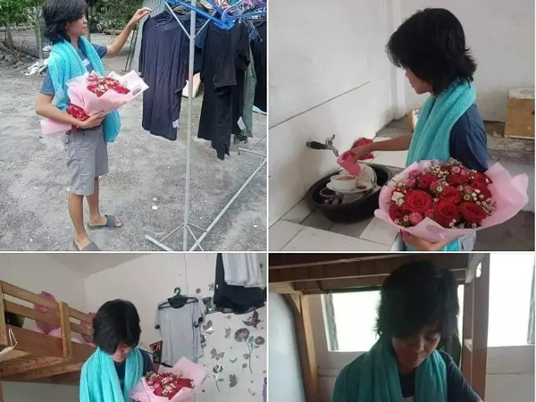 Lần đầu được chồng tặng hoa, vợ vừa làm việc nhà vừa ôm chặt không rời khiến dân tình thích thú