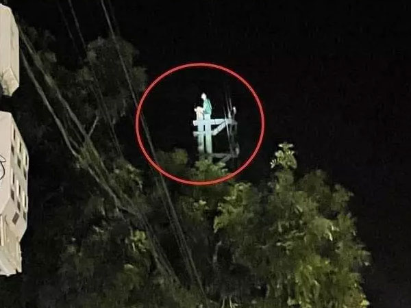 Thanh niên tâm thần trốn viện, trèo lên đỉnh cột điện 'ngồi chơi'