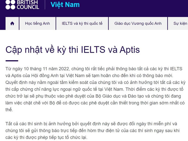 Hội đồng Anh tạm hoãn kỳ thi IELTS từ hôm nay
