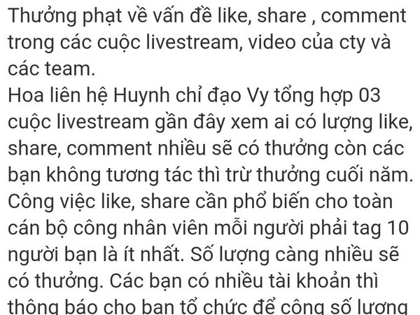 Thực hư thông tin bị cắt thưởng Tết vì không like, không share livestream của giám đốc