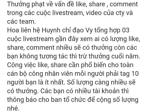 Thông tin mới vụ ‘cắt’ thưởng Tết vì không like, share livestream của giám đốc