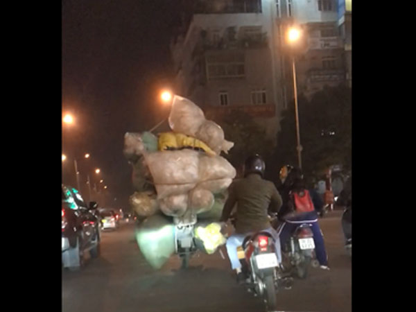Clip: Xe máy ngang nhiên chở hàng cồng kềnh cao hàng mét giữa đường phố thủ đô