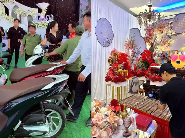 Sau đám cưới đãi khách cua hoàng đế, bào ngư nguyên mâm, CĐM lại sửng sốt với hình ảnh khách dự đám cưới được tặng vàng, xe máy