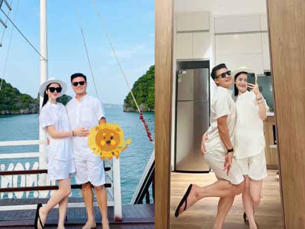 Quang Hải tạo dáng hài hước khi chụp ảnh cùng bạn gái