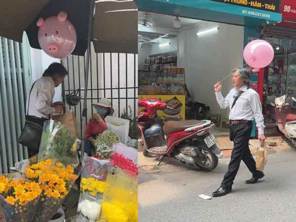 Dân tình quắn qoéo với cảnh ông chú tóc bạc cầm bóng bay hình heo con đi mua hoa tặng vợ