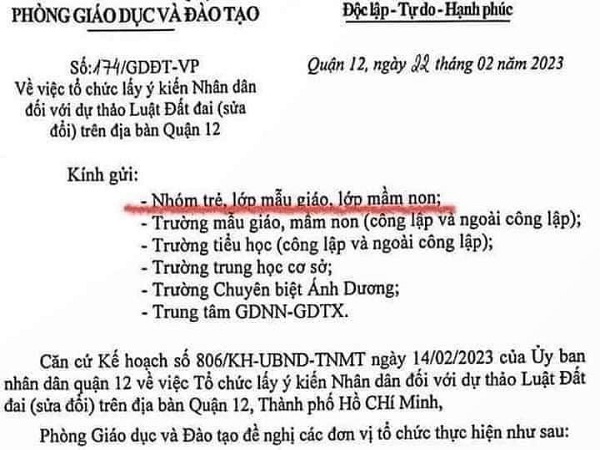 Sự thật về văn bản lấy ý kiến trẻ mẫu giáo, mầm non về dự thảo Luật Đất đai