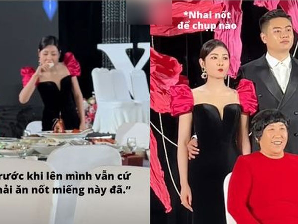 Cô dâu mải ăn cỗ đến quên cả chụp hình kỉ niệm trong đám cưới của chính mình, MC gọi lên sân khấu vẫn còn nhai cố miếng bánh