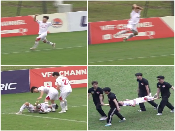 Ăn mừng bắt chước Ronaldo, cầu thủ U17 Viettel chấn thương phải nằm cáng rời sân