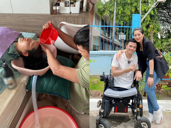 Cảm động hình ảnh chàng trai không chân Tô Đình Khánh gội đầu cho vợ