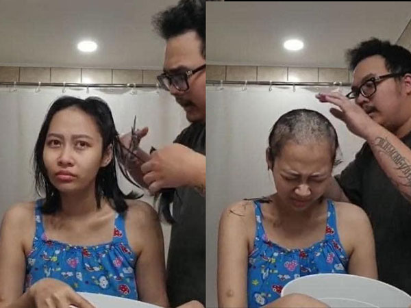 Rơi nước mắt hình ảnh chồng tự tay cạo trọc mái tóc dài cho vợ mắc bệnh ung thư rồi bản thân cũng xuống tóc luôn