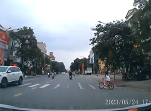Bé gái đạp xe sang đường như chỗ không người khiến tài xế phanh xe 'dúi dụi'