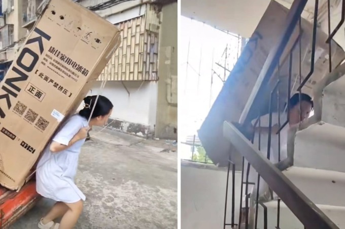Cô gái cõng tủ lạnh to hơn người leo nhà cao tầng giúp bố giao hàng được dân mạng ca ngợi