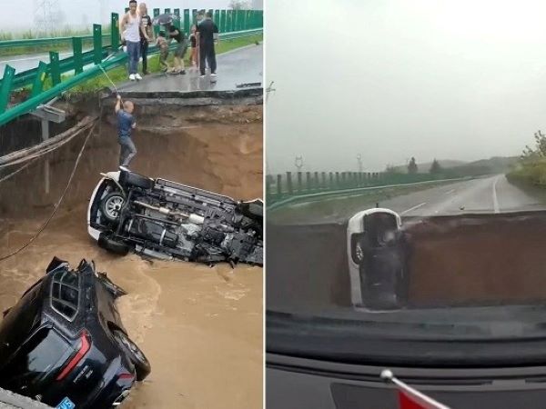 Khoảnh khắc ô tô lao vun vút trên cao tốc trước khi rơi xuống cầu sập vì mưa lũ