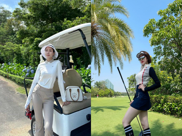Đi đánh golf, Trâm Anh mặc từ 'kín như bưng' đến váy ngắn khoe dáng