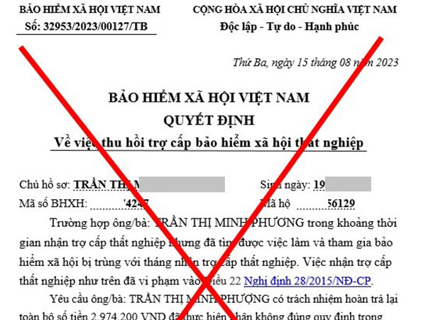 Chiêu trò mới, mạo danh cơ quan bảo hiểm xã hội thu hồi tiền trợ cấp thất nghiệp