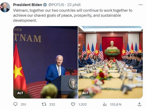 Tổng thống Joe Biden cảm ơn Việt Nam trên mạng xã hội