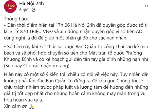 Đại diện fanpage Hà Nội 24h nói gì về số tiền quyên góp 4 tỷ đồng cho nạn nhân vụ cháy chuyển về tài khoản cá nhân?