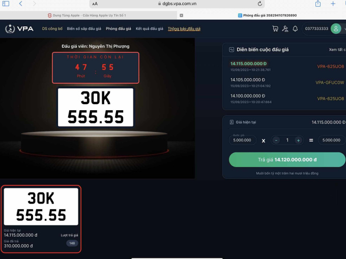 Trúng đấu giá biển 30K-55555, dân chơi Vĩnh Phúc rao bán lại giá 20 tỷ đồng