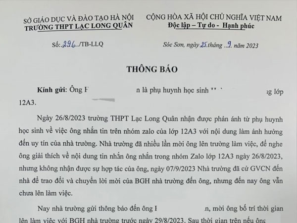 Diễn biến mới nhất vụ trường từ chối dạy học sinh vì tin nhắn của phụ huynh