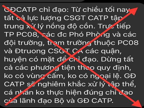 Thông báo 'Giám đốc Công an TP.HCM chỉ đạo xử lý nồng độ cồn' là giả