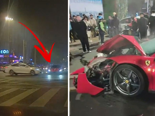 Xế sang Ferrrari bị đâm nát đầu giữa ngã tư vì vượt đèn đỏ